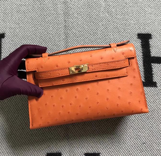 Hermès（爱马仕） Mini Kelly迷你凯莉 鸵鸟橙色 金扣 22cm
