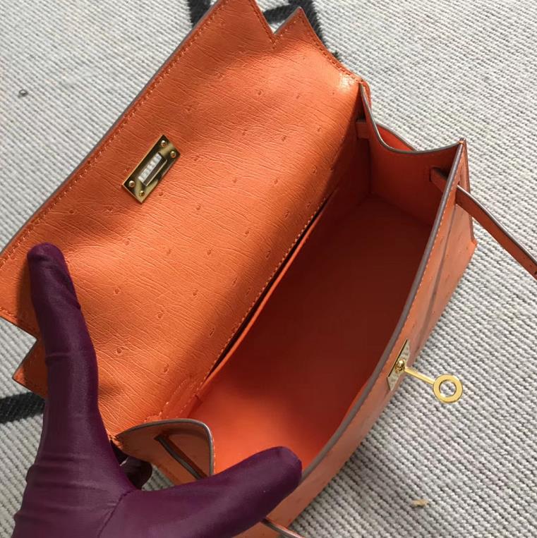Hermès（爱马仕） Mini Kelly迷你凯莉 鸵鸟橙色 金扣 22cm
