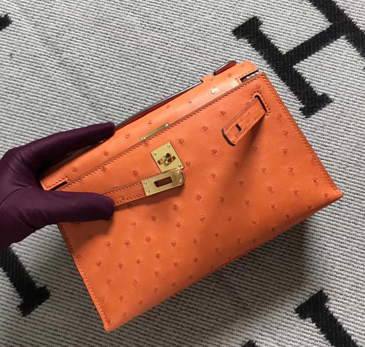 Hermès（爱马仕） Mini Kelly迷你凯莉 鸵鸟橙色 金扣 22cm