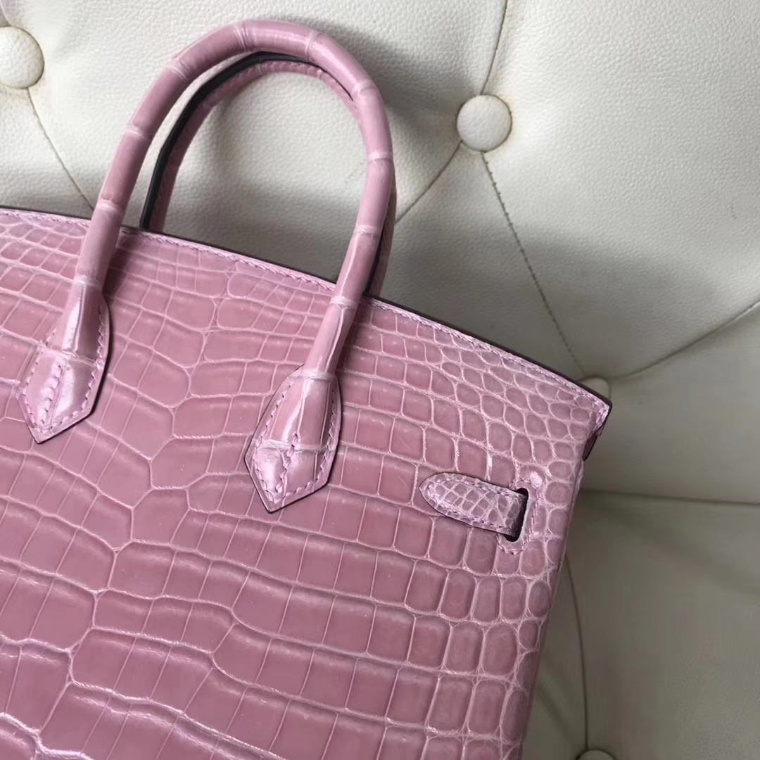 Hermès（爱马仕）Birkin25cm Crocodile shiny 亮面两点鳄鱼 5Z 印度粉 银扣