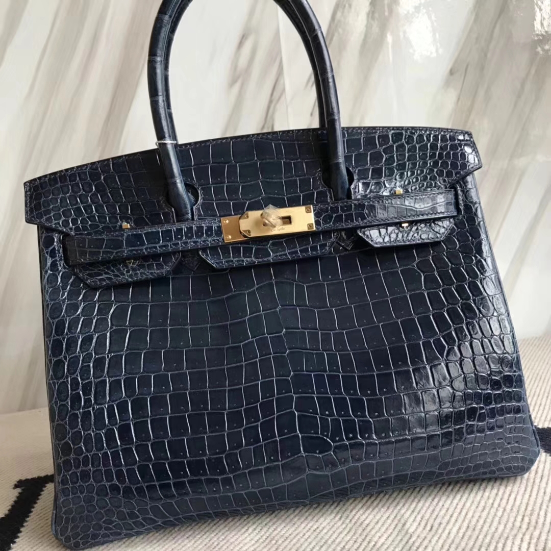 Hermès（爱马仕）Birkin30cm Porosus shiny 亮面澳洲湾鳄  N7 风暴蓝  金扣 现货
