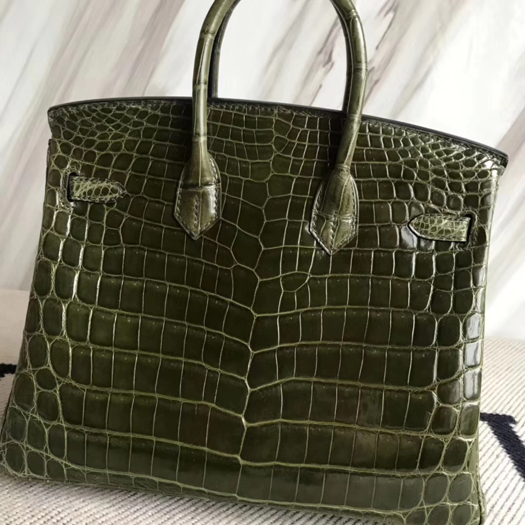 Hermès（爱马仕）Birkin25cm Crocodile shiny 亮面鳄鱼 6H 橄榄绿 金扣