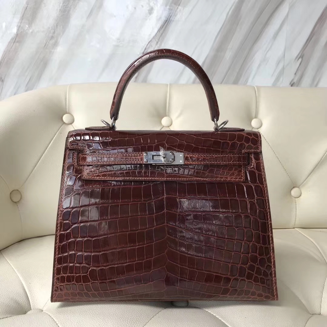 Hermès（爱马仕）kelly25cm Crocodile shiny 亮面鳄鱼 ck31 蜜糖棕 miel 银扣