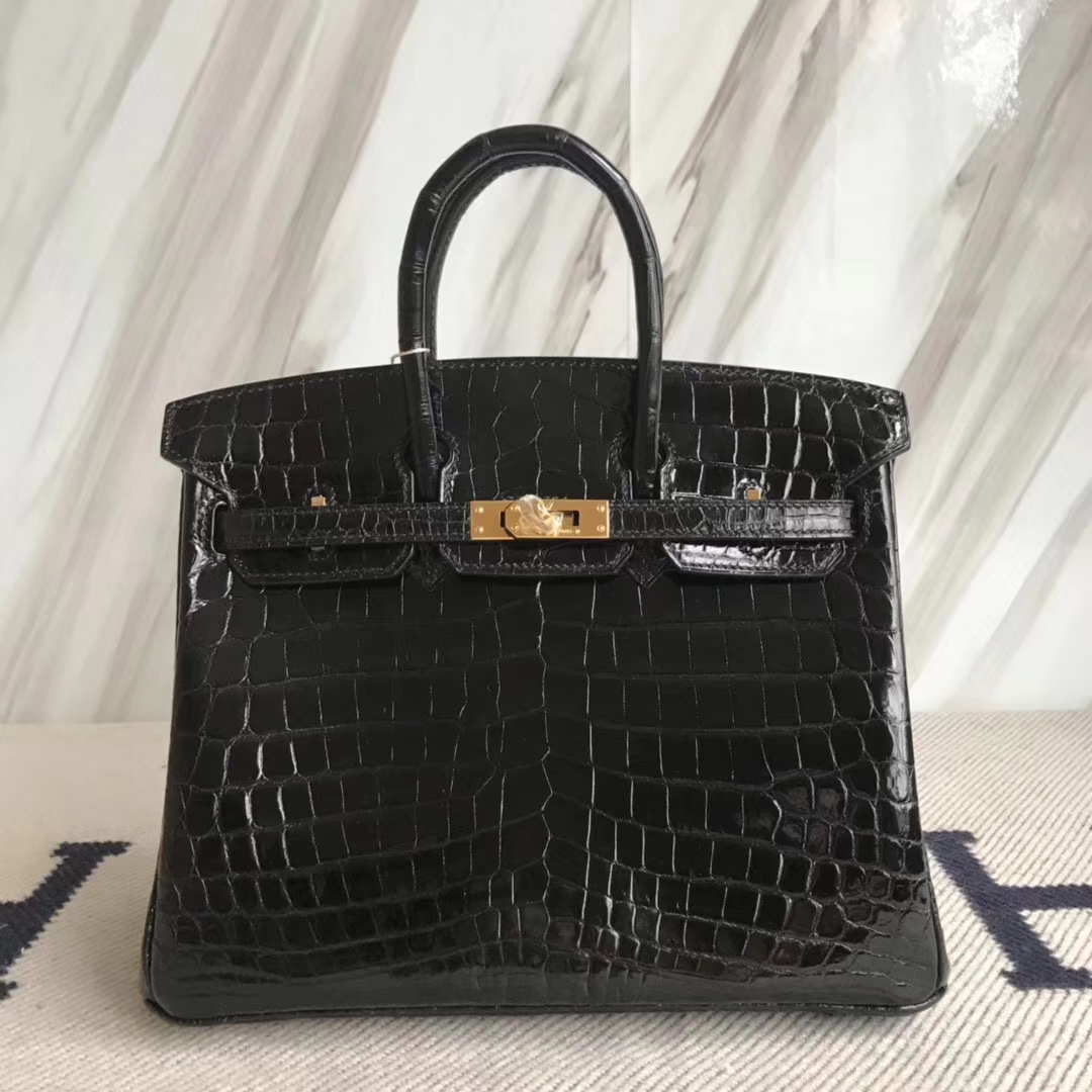 Hermès（爱马仕）Birkin25cm Crocodile shiny 亮面鳄鱼 ck89 黑色 金扣