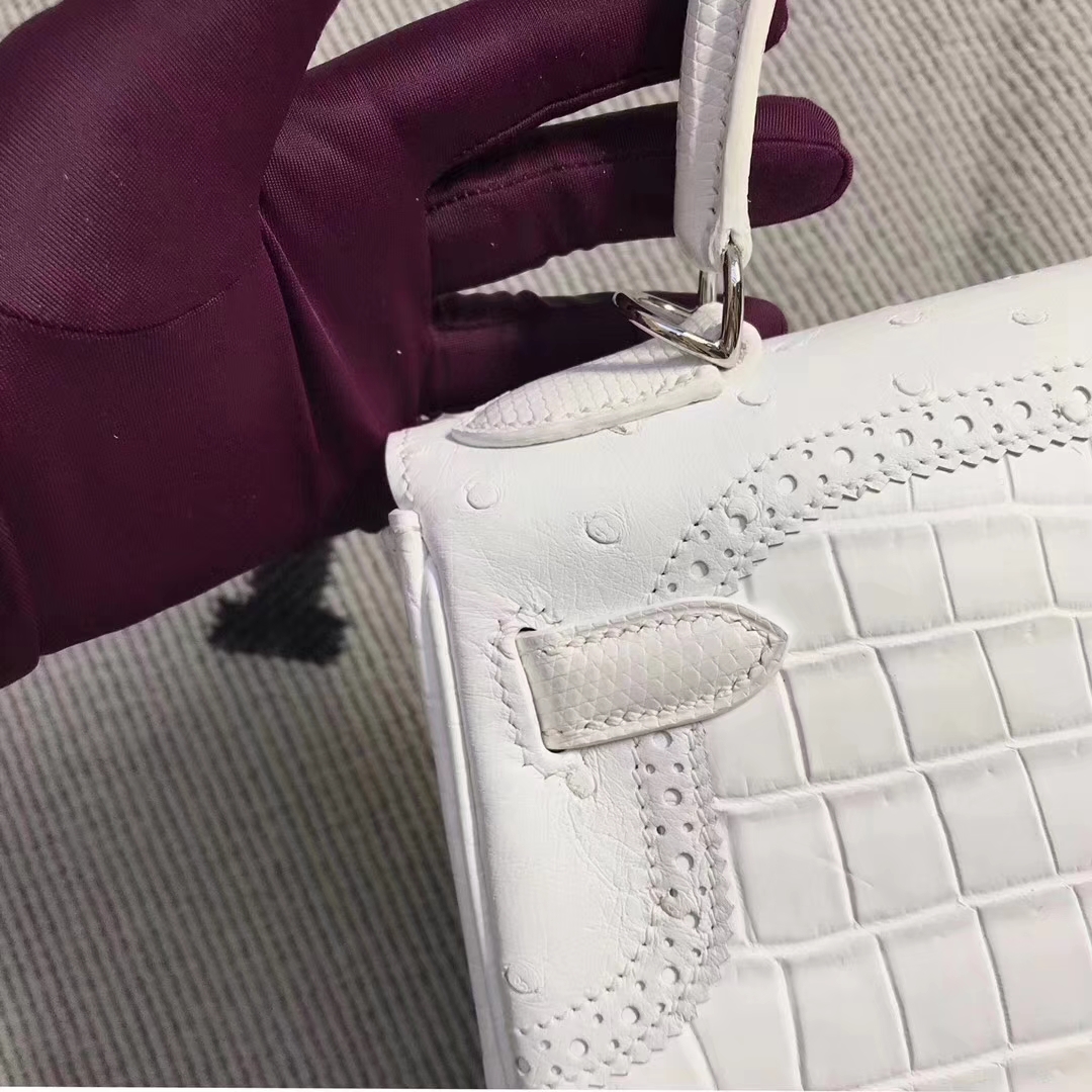 Hermès（爱马仕）蕾丝款 kelly 28cm 白色鳄鱼蜥蜴&鸵鸟三拼色 超级漂亮