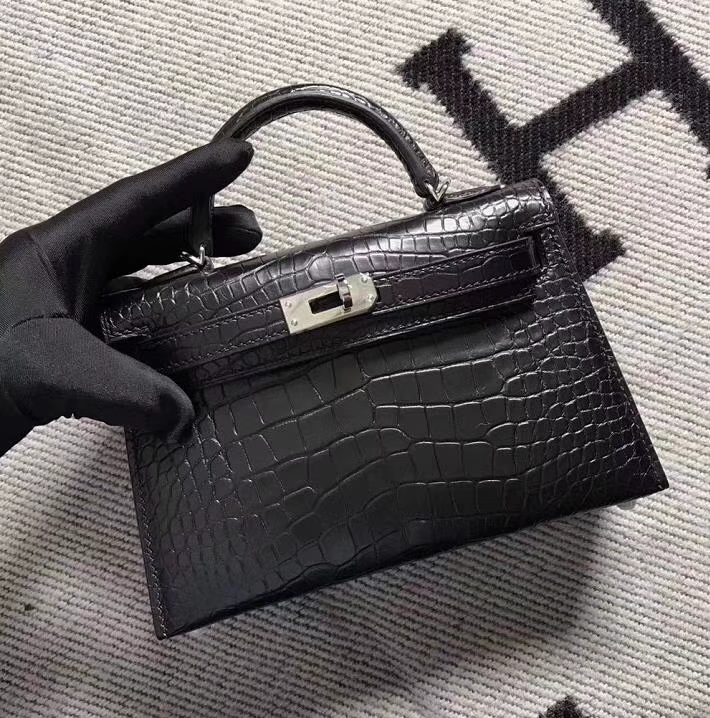 Hermès（爱马仕）经典黑银 mini 2代 美洲鳄鱼雾面 推荐首选