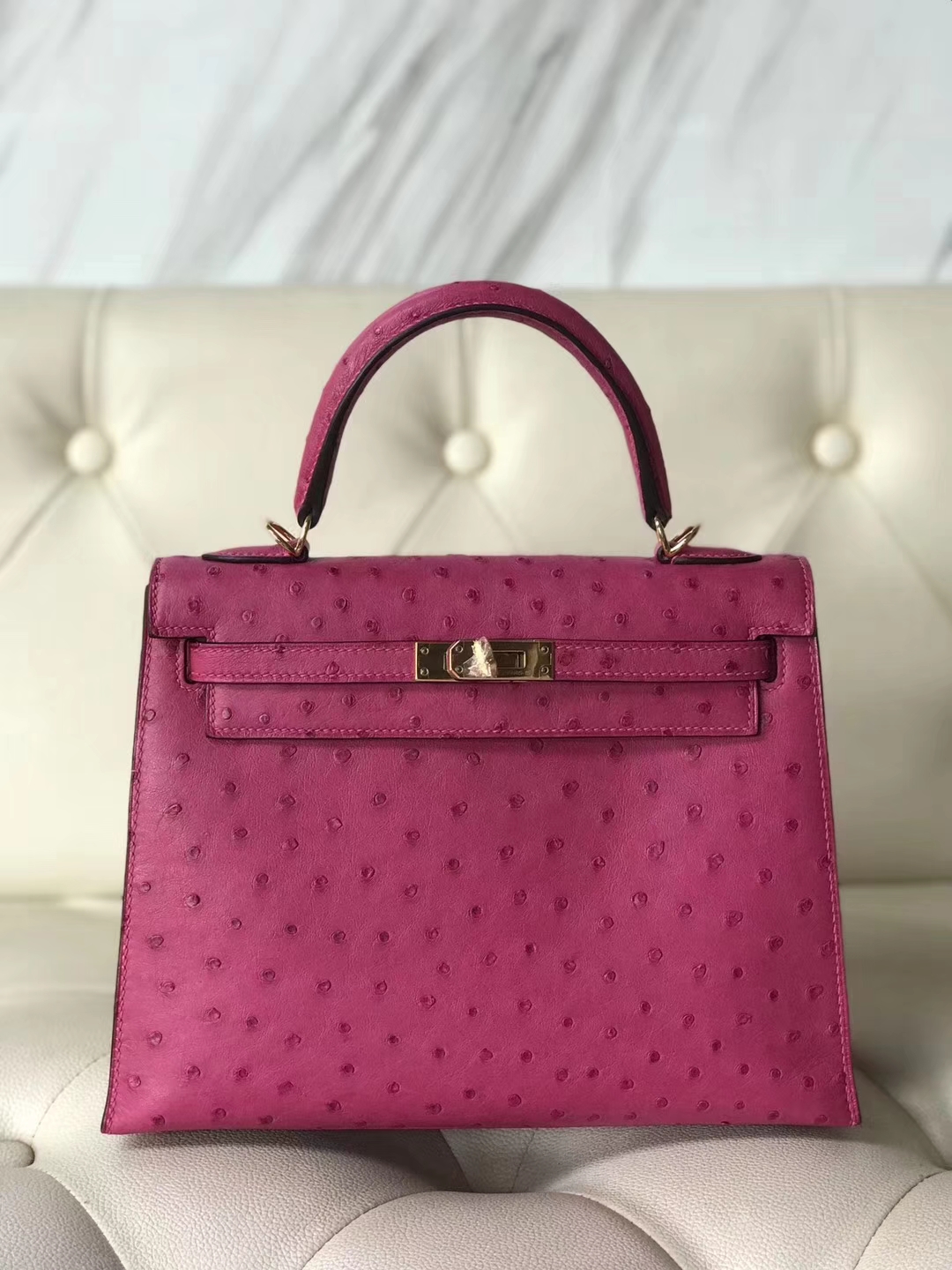 Hermès（爱马仕）Kelly25cm Ostrich kk 鸵鸟 玫红