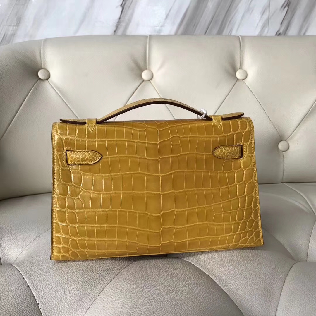 Hermès（爱马仕）Minikelly pochette Alligator shiny 亮面鳄鱼9D 琥珀黄 Ambre 金扣