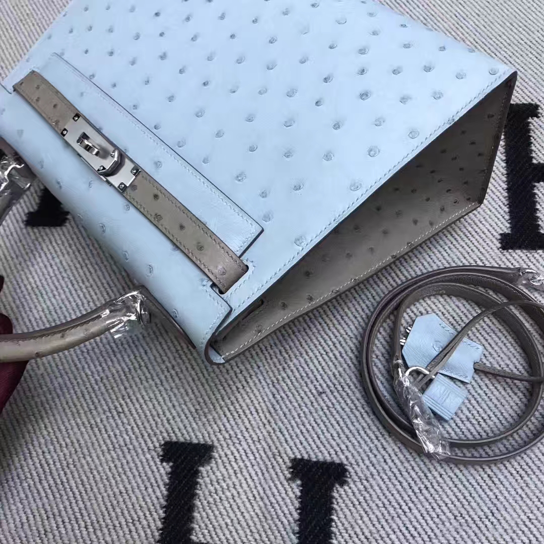 Hermès（爱马仕）南非鸵鸟皮 kelly 28cm 银扣 亚麻蓝拼大象灰