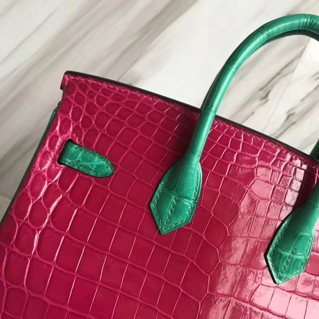 Hermès（爱马仕）Birkin25cm Crocodile  shiny 亮面鳄鱼 J5 天方夜谭粉拼翡翠绿 马蹄印 金扣