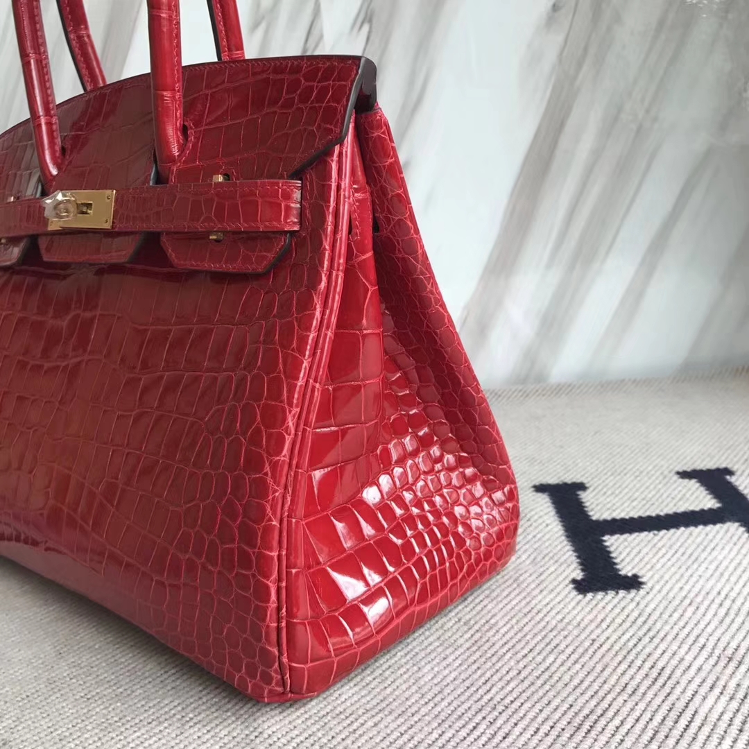 Hermès（爱马仕）Birkin30cm Porosus shiny 亮面澳洲湾鳄  ck95 法拉利红 Braise 金扣