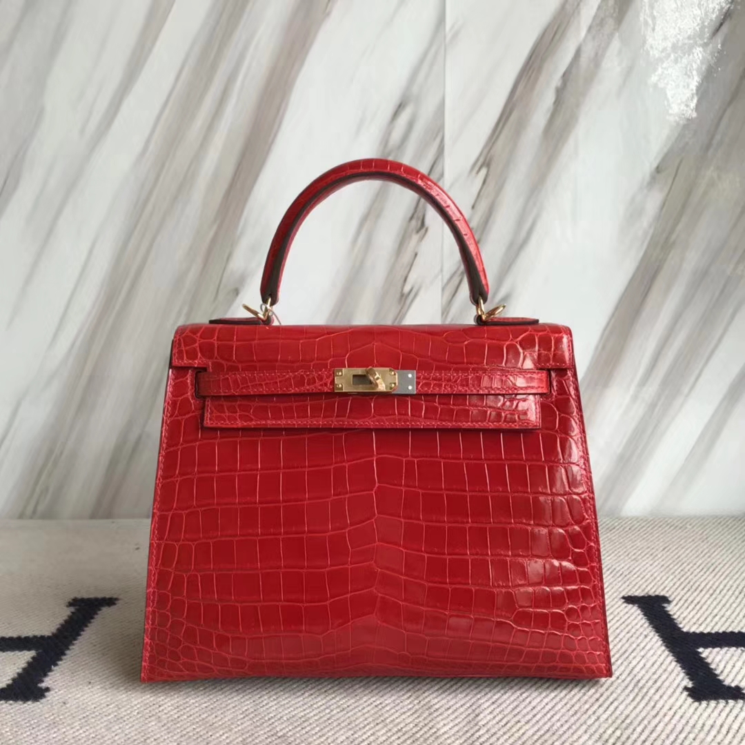 Hermès（爱马仕）Kelly25cm Crocodile shiny 亮面两点鳄鱼 ck95 法拉利红 Braise 金扣