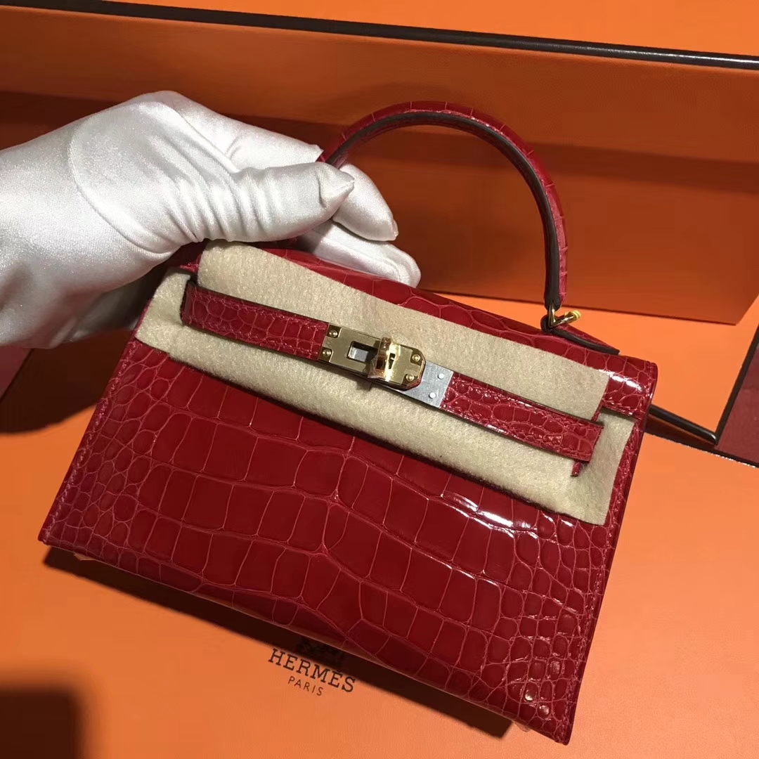 Hermès（爱马仕）Minikelly ll Alligator shiny 亮面鳄鱼  ck95 法拉利红 Braise 金扣 现货