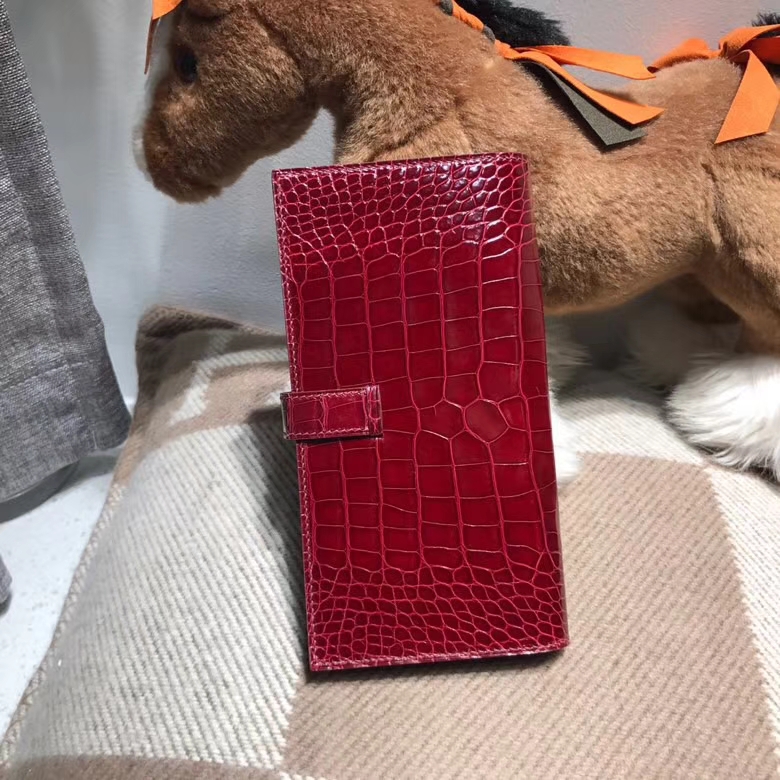 Hermès（爱马仕）bearn两折钱夹亮面鳄鱼皮（方块）F5 Bourgogne 勃艮第酒红 金扣 美洲鳄鱼