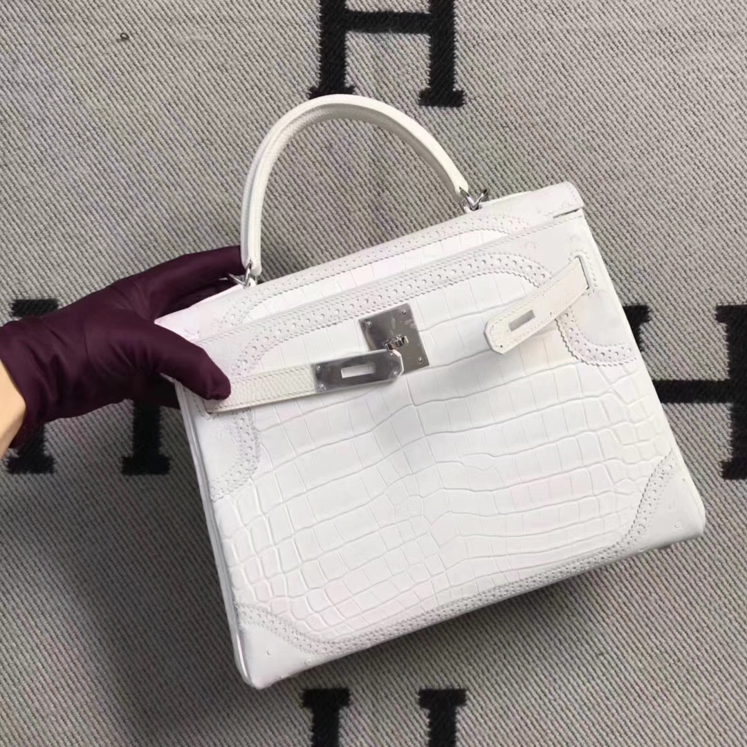 Hermès（爱马仕）蕾丝款 kelly 28cm 白色鳄鱼蜥蜴&鸵鸟三拼色 超级漂亮