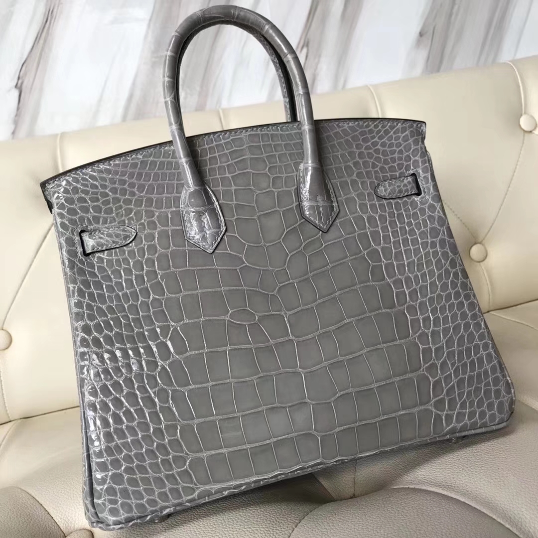 Hermès（爱马仕）Birkin25cm Alligator shiny亮面鳄鱼 浅灰 银扣 气质灰 现货