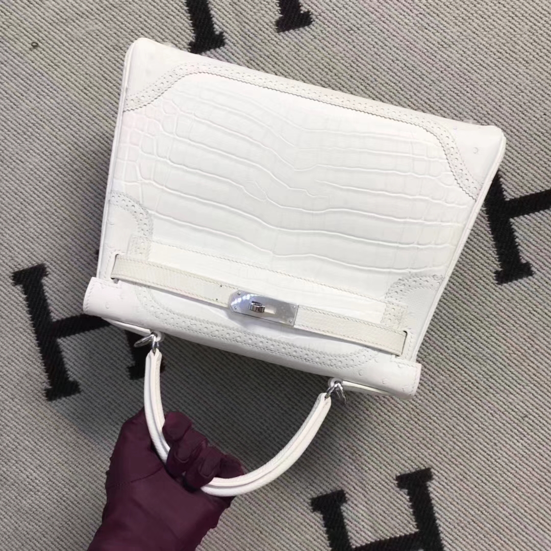 Hermès（爱马仕）蕾丝款 kelly 28cm 白色鳄鱼蜥蜴&鸵鸟三拼色 超级漂亮