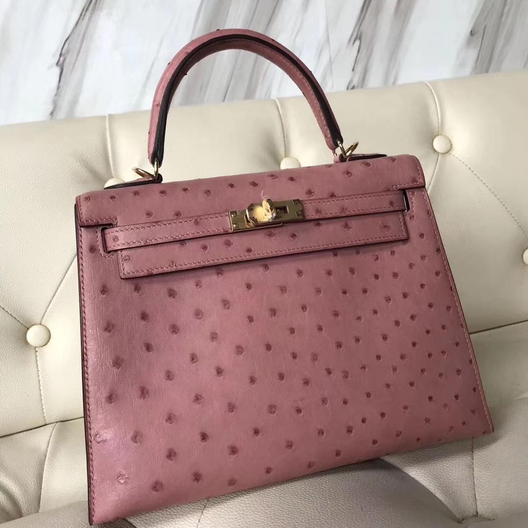 Hermès(爱马仕)kelly25cm Ostrich kk鸵鸟 cc94 陶瓷粉 金扣-拉尔森鳄鱼皮具定制 - 爱马仕包包官网 Hermès(爱马仕)kelly25cm Ostrich kk鸵鸟 cc94 陶瓷粉 金扣