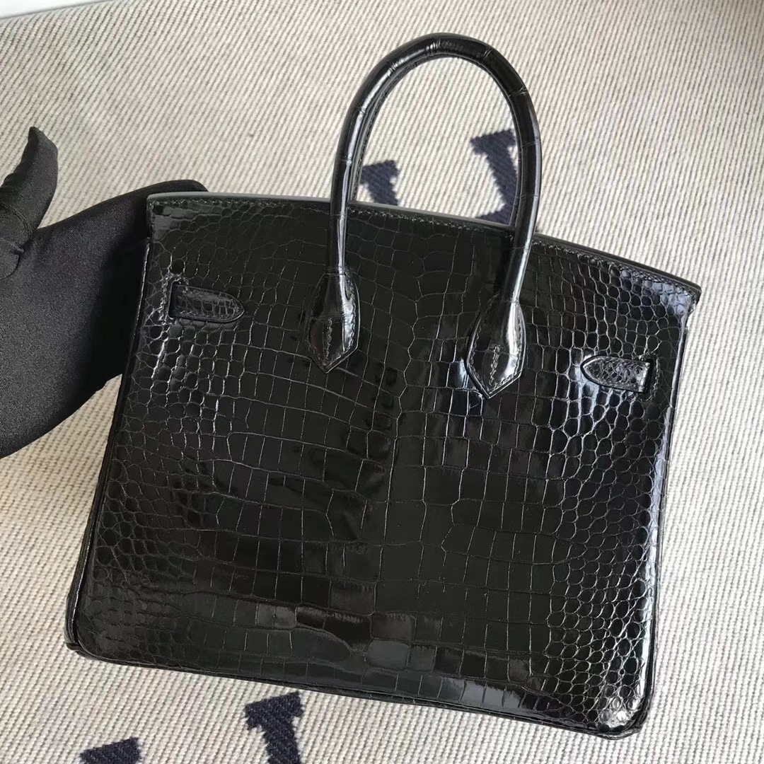 Hermès（爱马仕）Birkin25cm Porosus shiny 亮面澳洲湾鳄 ck89 黑色 金扣