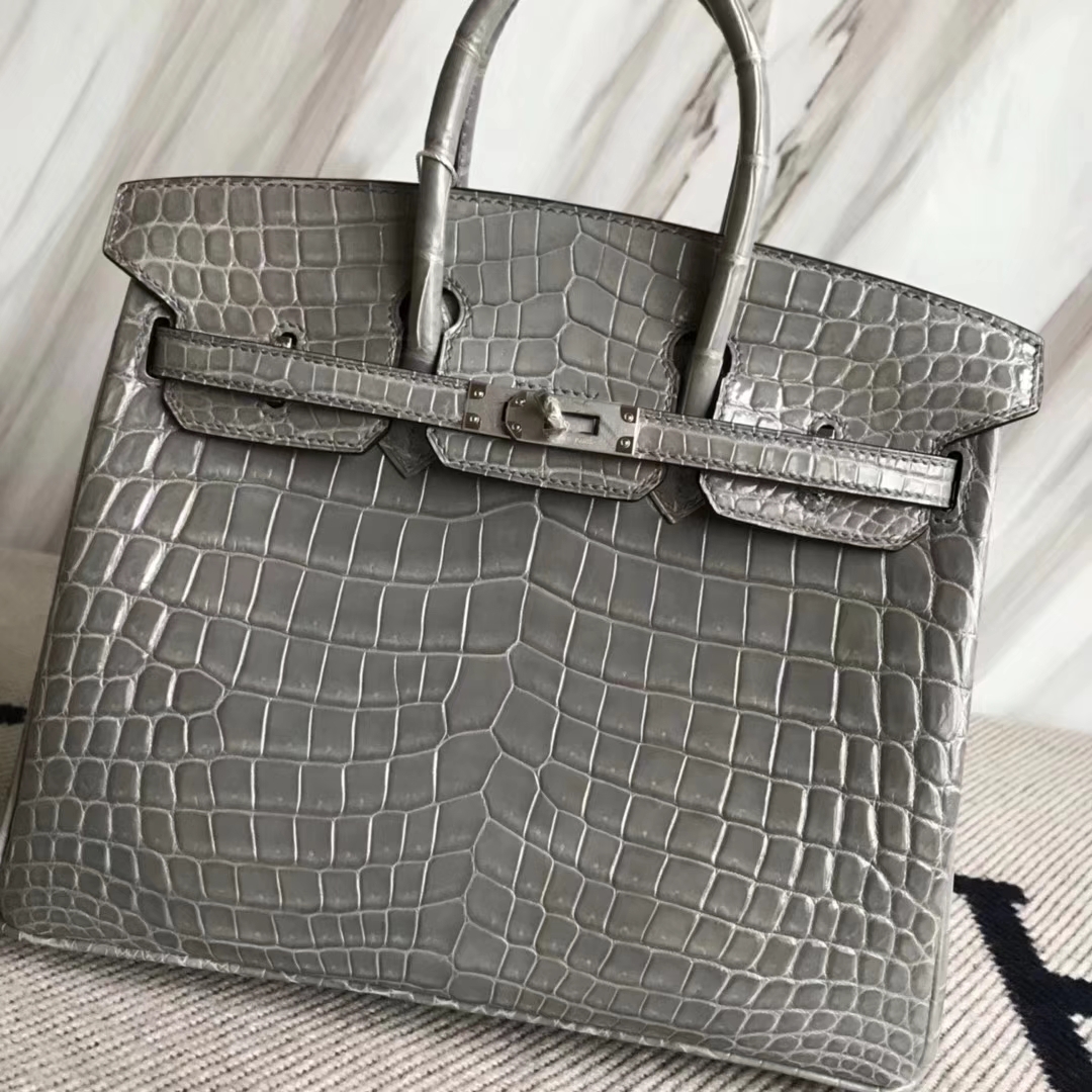 Hermès（爱马仕）Birkin25cm Crocodile shiny 亮面鳄鱼 M8 巴黎灰 银扣