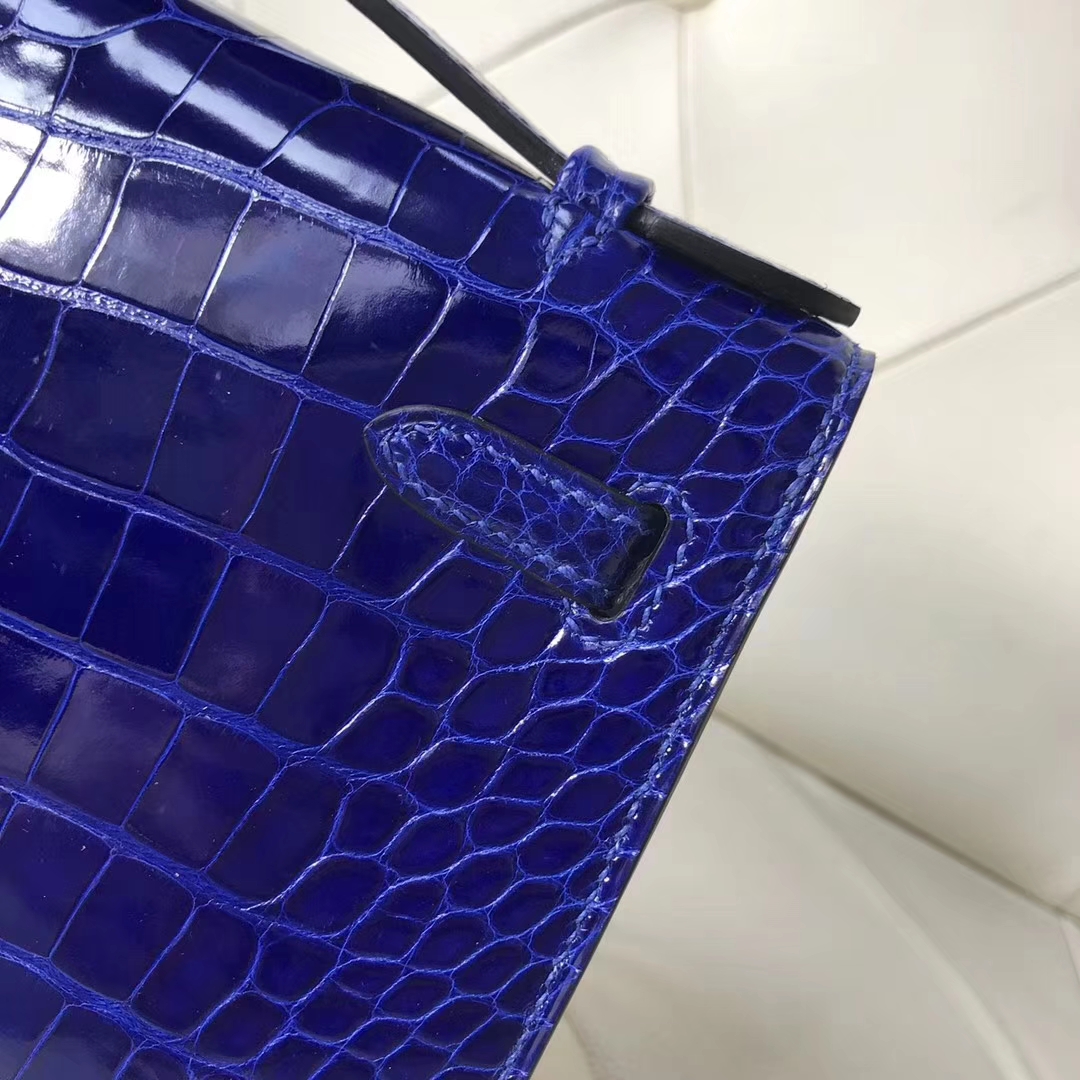 Hermès（爱马仕）Minikelly pochette Alligator shiny 亮面鳄鱼7T 电光蓝 Blue eletric 银扣  手抓包 晚宴包