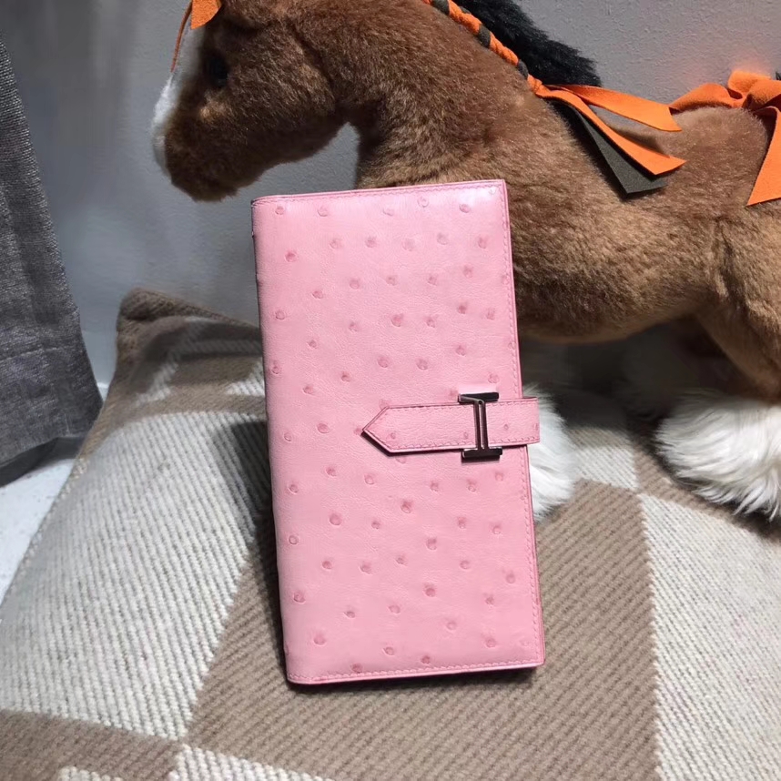Hermès（爱马仕）bearn两折钱夹鸵鸟皮1Q Rose Confetti奶昔粉色 银扣