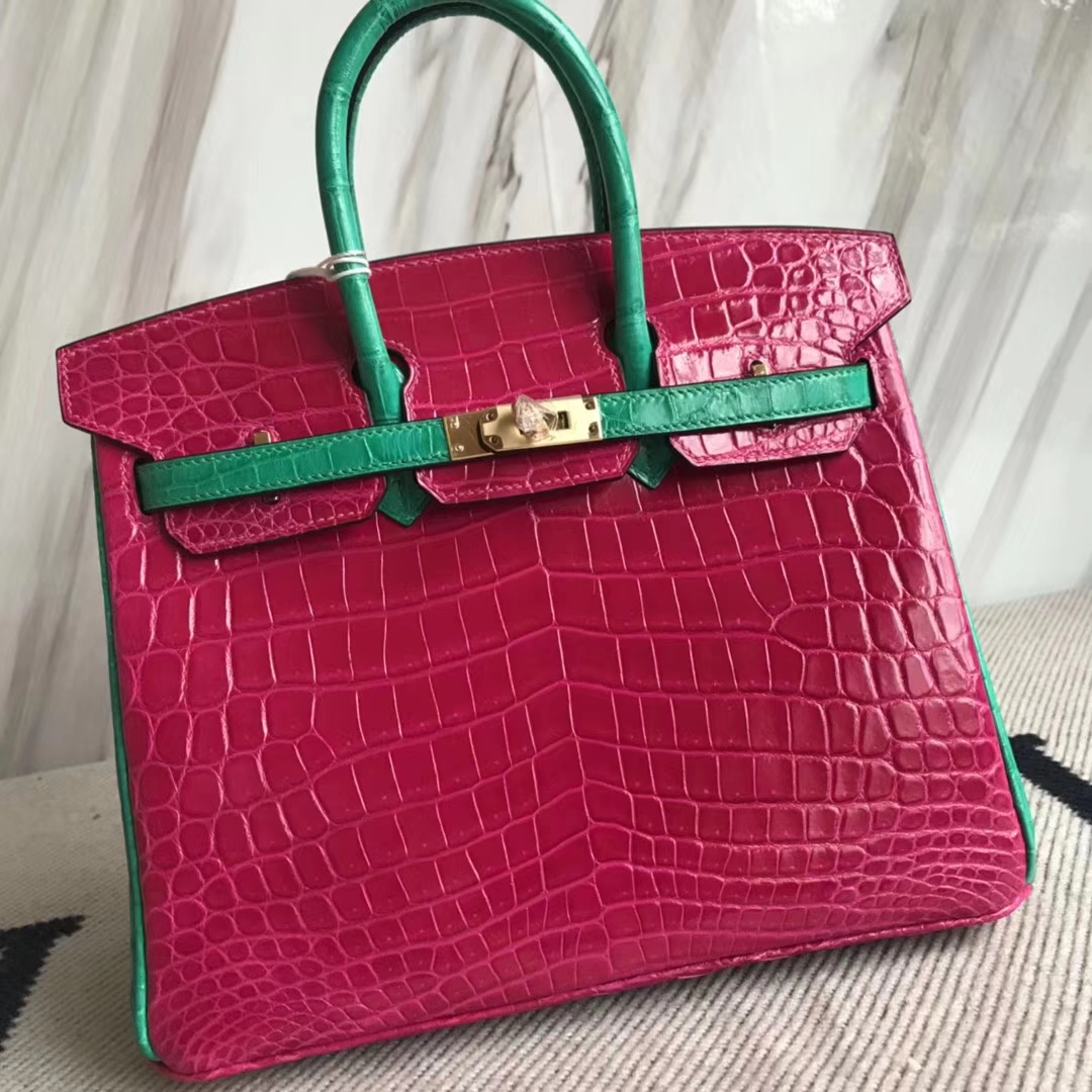 Hermès(爱马仕)Birkin25cm Crocodile shiny 亮面鳄鱼 J5 天方夜谭粉拼翡翠绿 马蹄印 金扣-拉尔森鳄鱼皮具定制 - 爱马仕包包官网 Hermès(爱马仕)Birkin25cm Crocodile shiny 亮面鳄鱼 J5 天方夜谭粉拼翡翠绿 马蹄印 金扣
