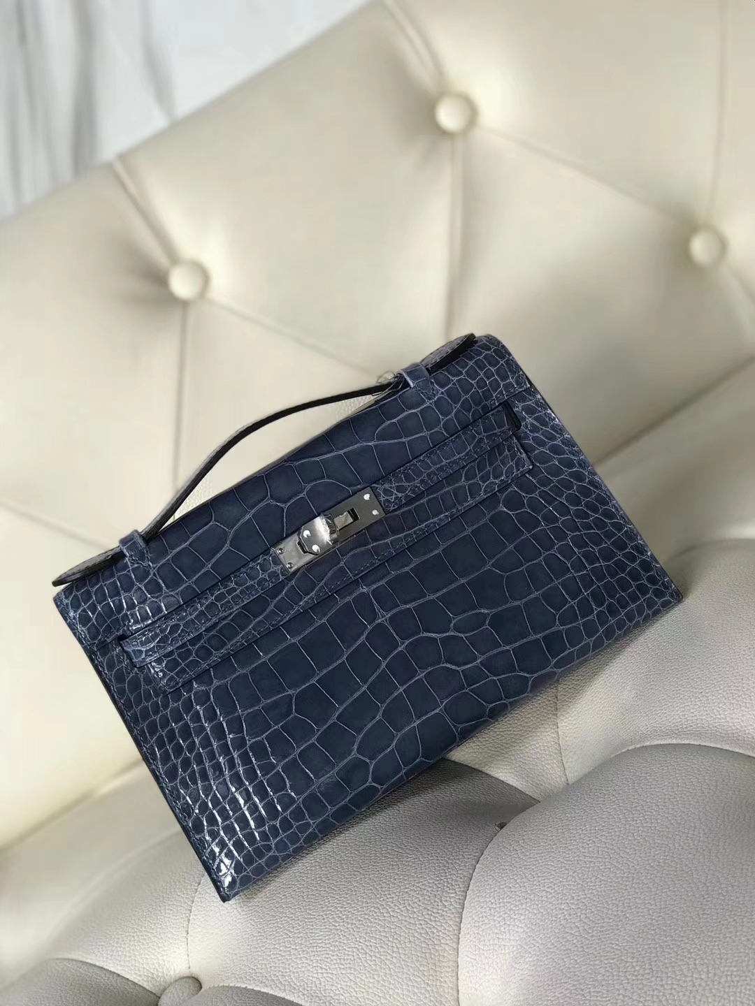 Hermès（爱马仕）Minikelly pochette 22cm Alligator shiny 亮面鳄鱼 7N 风暴蓝 银扣