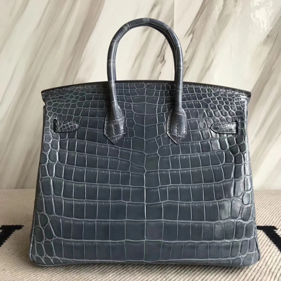 Hermès（爱马仕）Birkin25cm Crocodile shiny 亮面鳄鱼 N7 风暴蓝 银扣