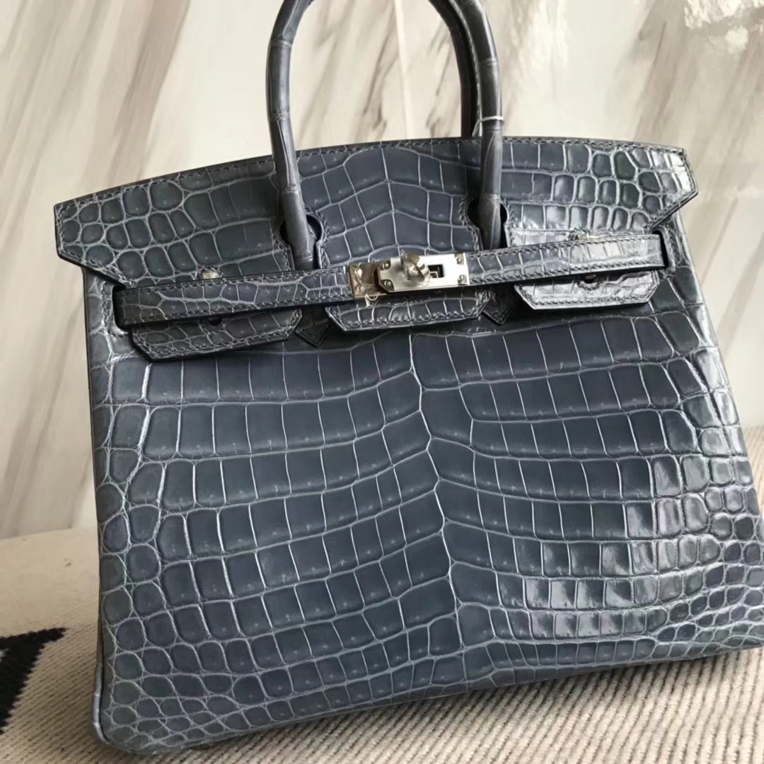 Hermès（爱马仕）Birkin25cm Crocodile shiny 亮面鳄鱼 N7 风暴蓝 银扣