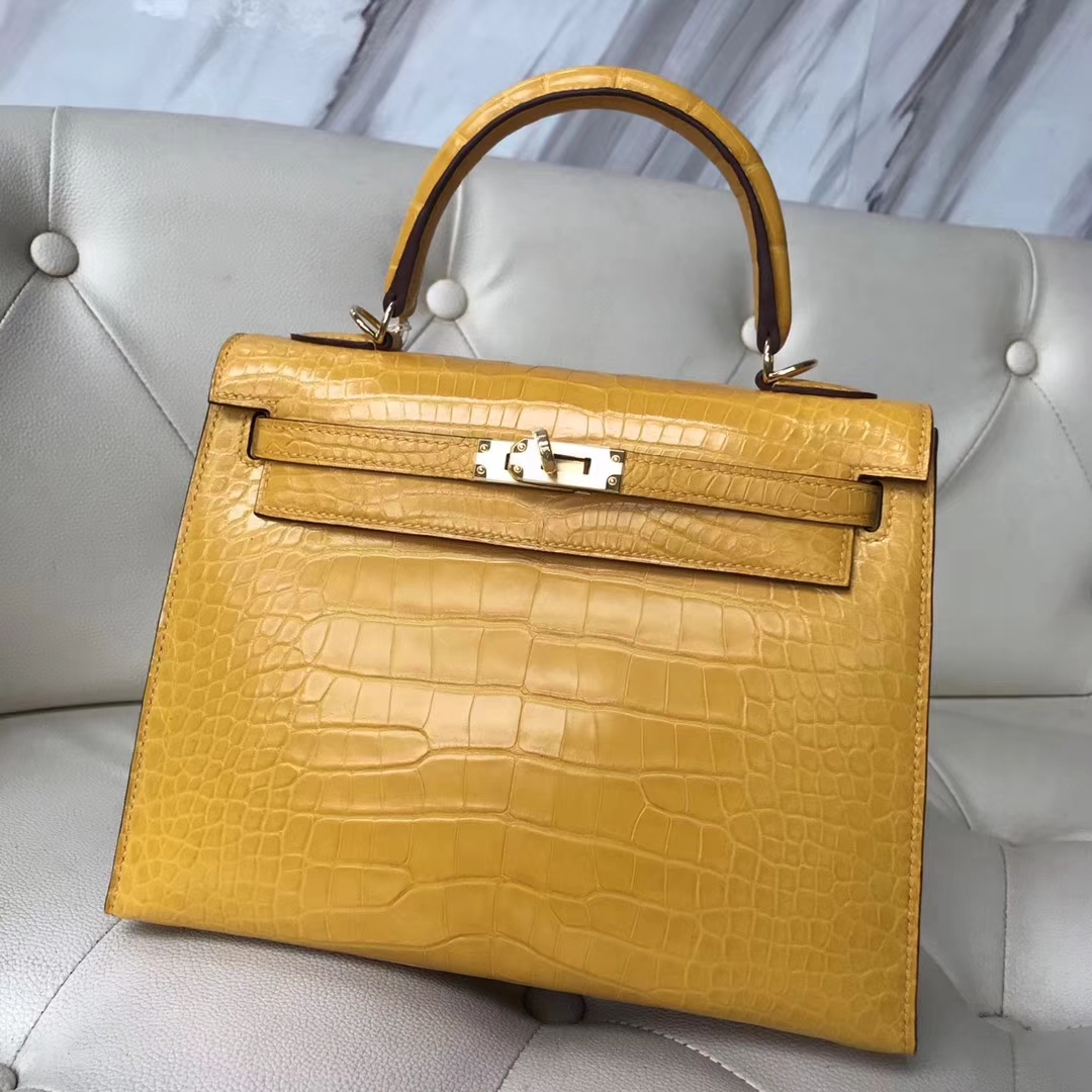 Hermès（爱马仕）Kelly25cm Matt alligator crocodile 9D琥珀黄 顶级工艺 全手工蜜蜡线缝 金扣