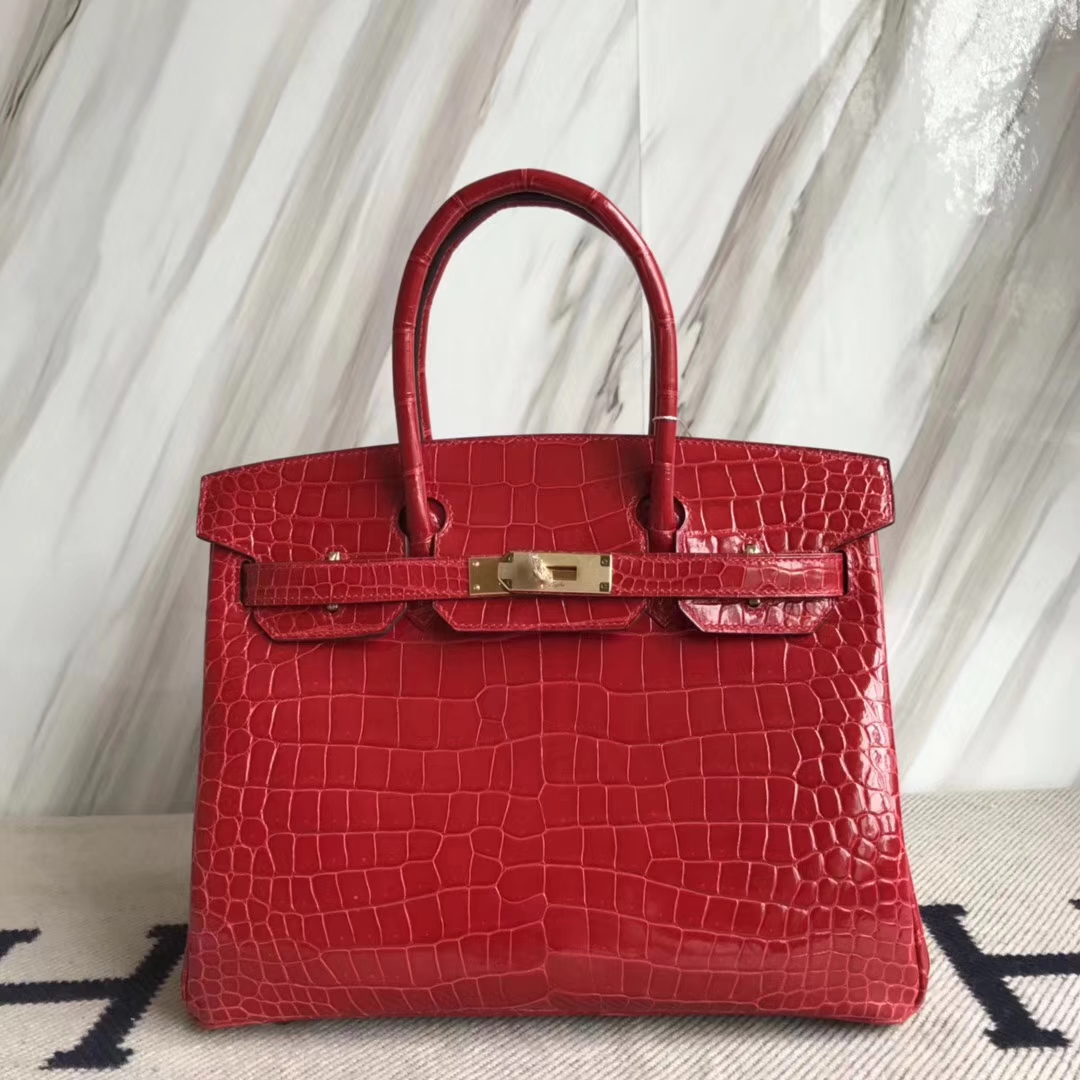 Hermès（爱马仕）Birkin30cm Porosus shiny 亮面澳洲湾鳄  ck95 法拉利红 Braise 金扣 现货