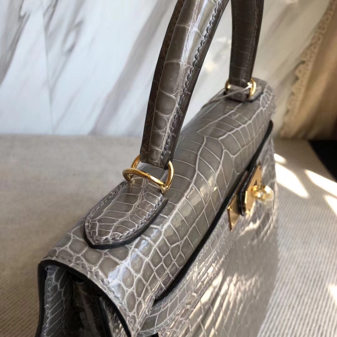 Hermès（爱马仕）Kelly28cm Porosus shiny 亮面澳洲湾鳄鳄鱼 ck81 斑鸠灰 Gris T 金扣