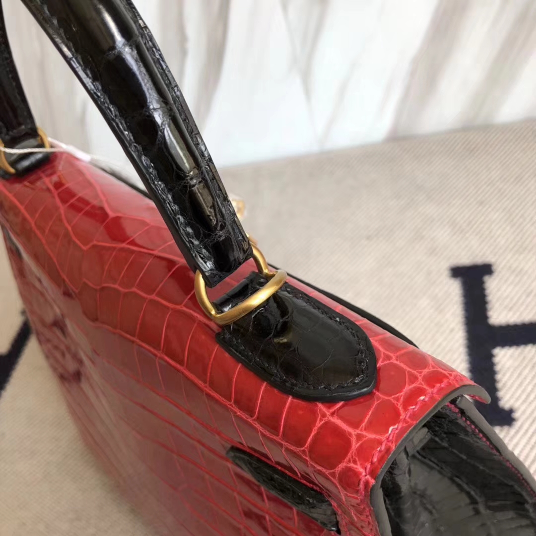 Hermès（爱马仕）Kelly28cm Porosus shiny 亮面 澳洲湾鳄鳄鱼 ck95 法拉利红ck89 黑色  马蹄印金扣
