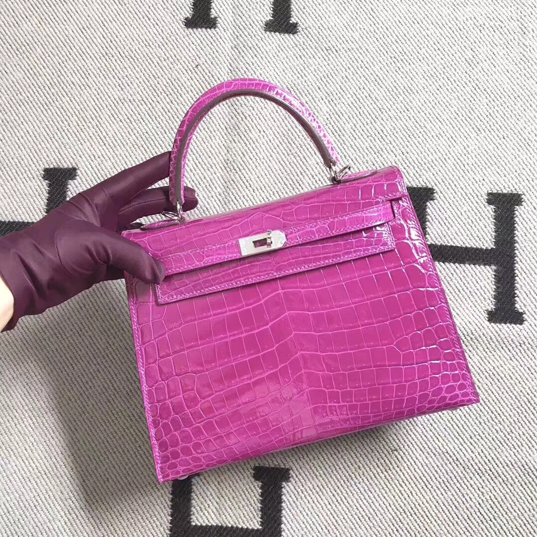 Hermès（爱马仕）亮面鳄鱼两点 kelly 25cm j5 天方夜谭紫,超级美