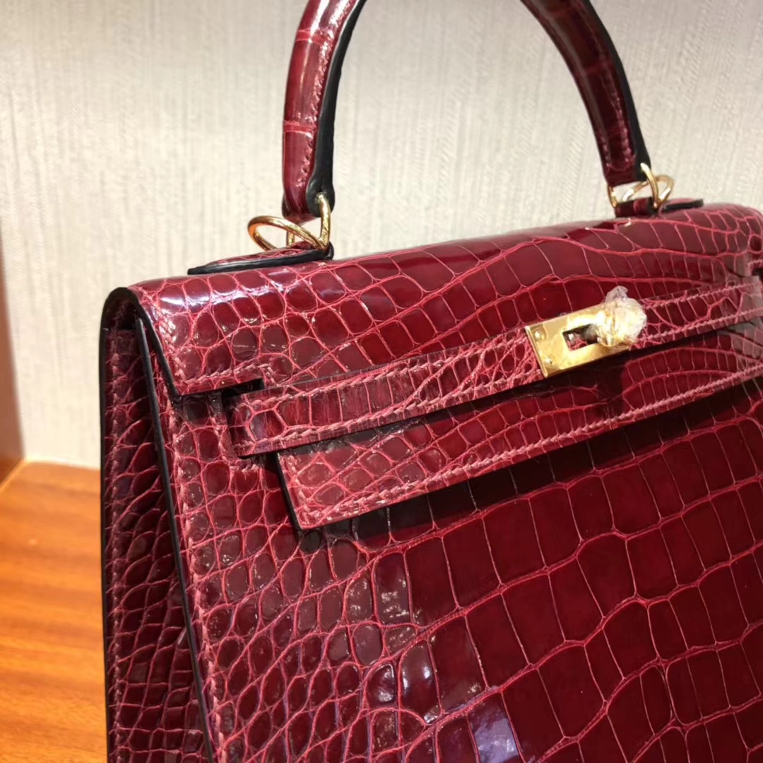 Hermès（爱马仕）Kelly 25 shiny alligator crocodile F5勃艮第酒红 蜡线全手工 金扣