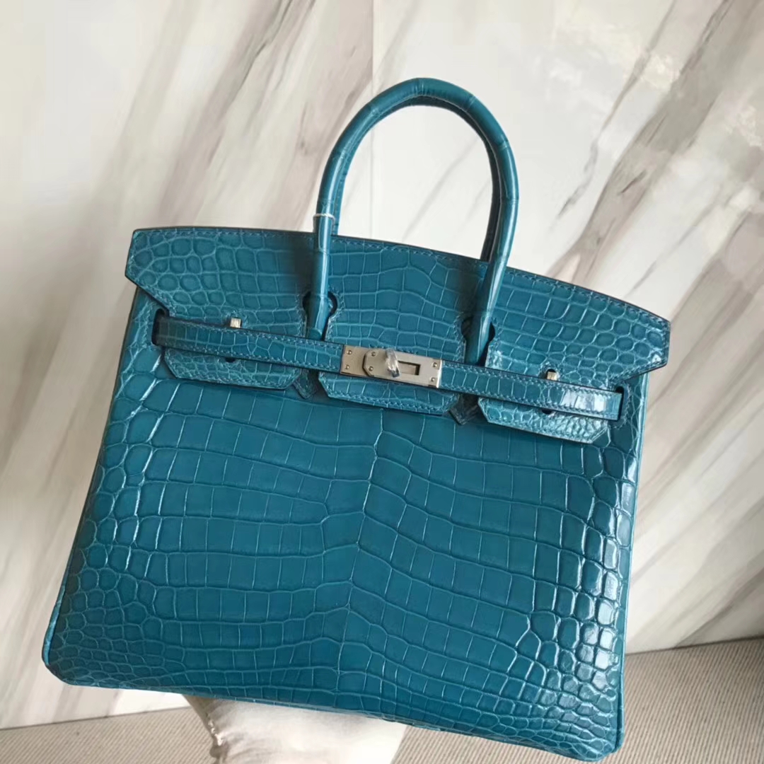 Hermès（爱马仕）Birkin25cm Crocodile shiny 亮面鳄鱼 7w 伊兹密尔蓝 Blue izmir 银扣