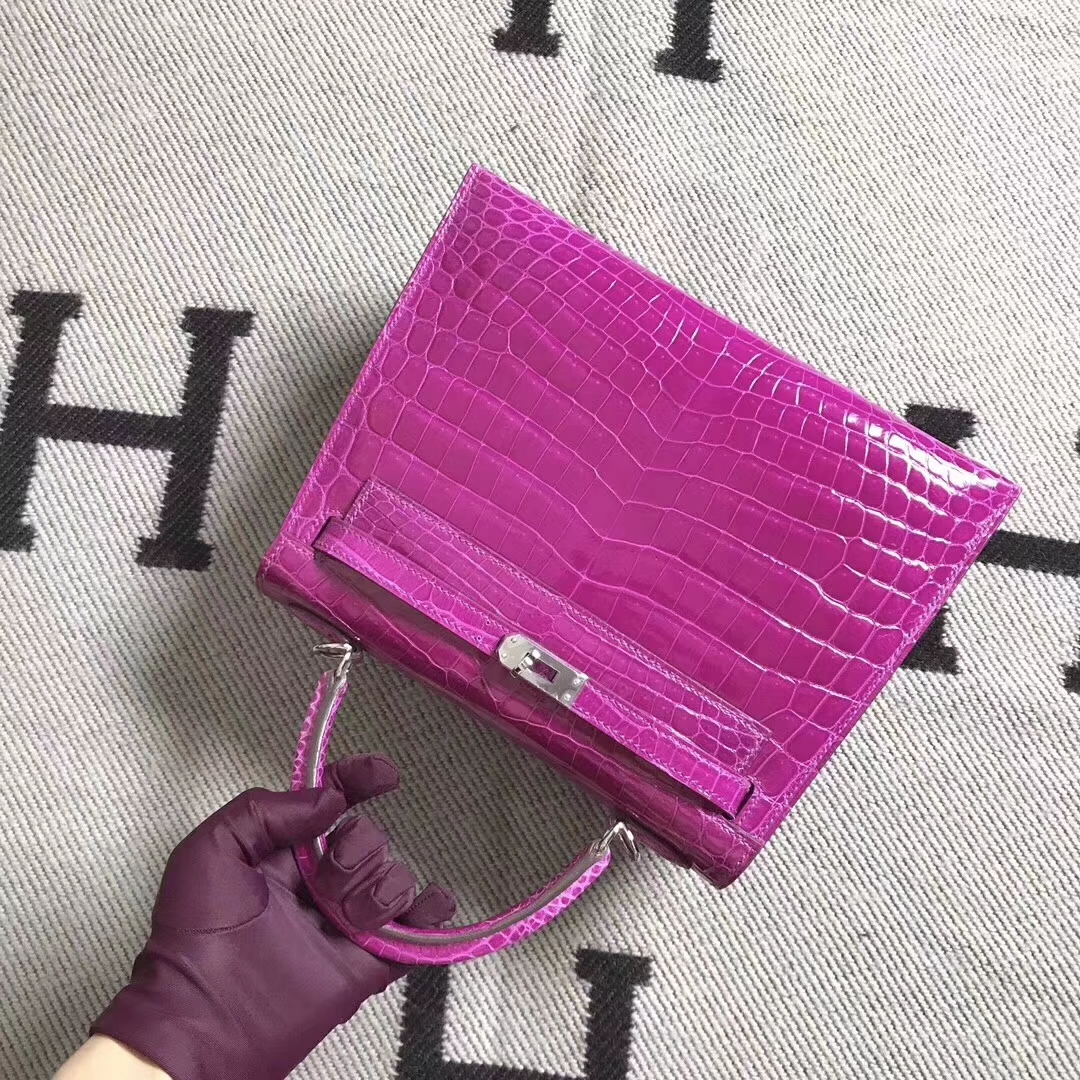Hermès（爱马仕）亮面鳄鱼两点 kelly 25cm j5 天方夜谭紫,超级美