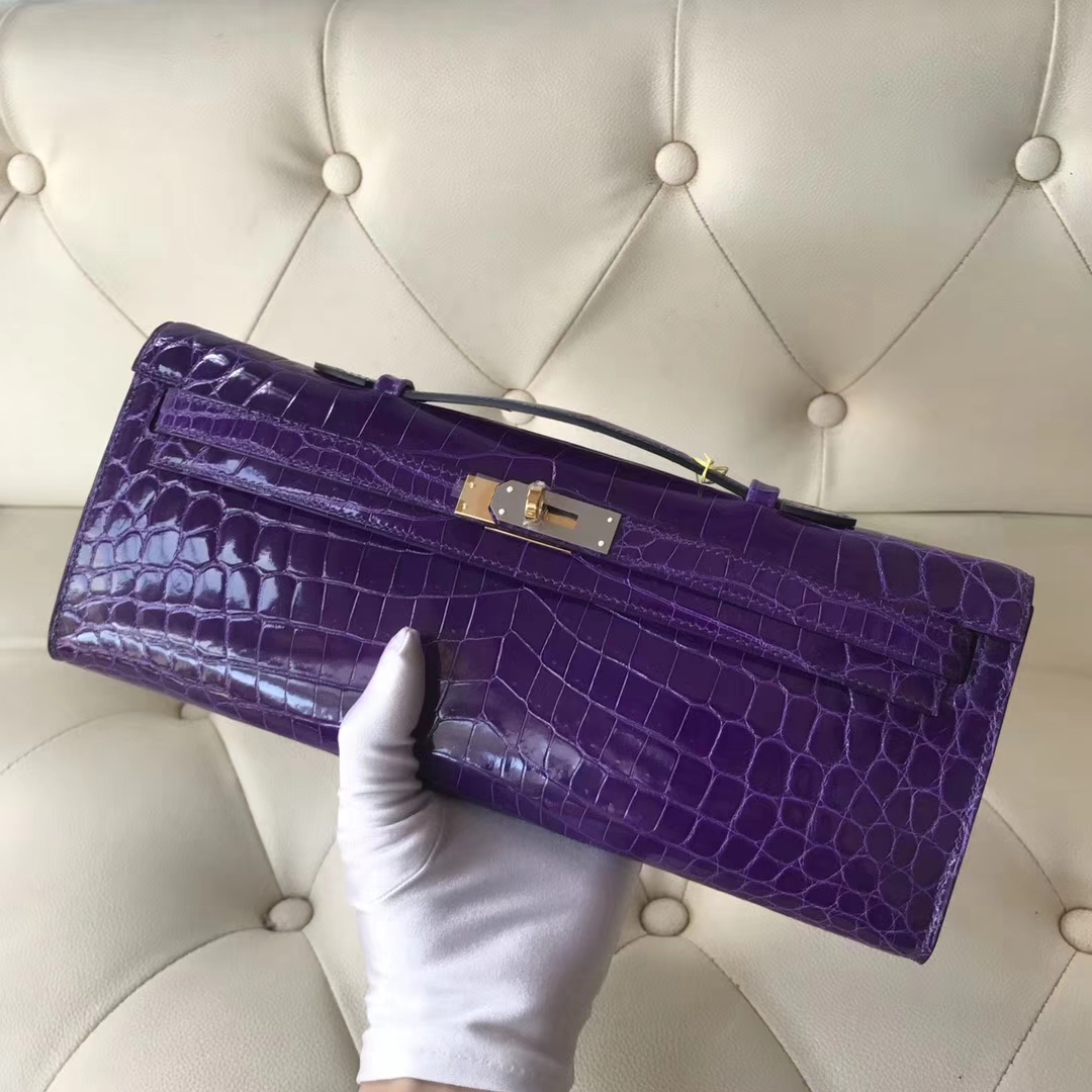 Hermès（爱马仕）kelly cut 31cm Crocodile shiny 亮面鳄鱼 5L 极度紫 金扣