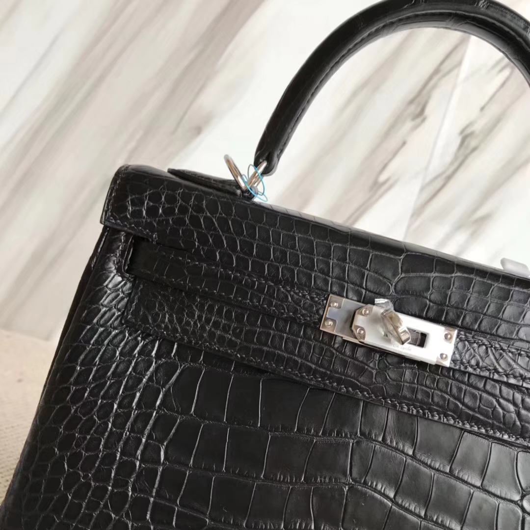 Hermès（爱马仕）Kelly25cm Alligator matt 雾面鳄鱼 ck89 黑色 银扣