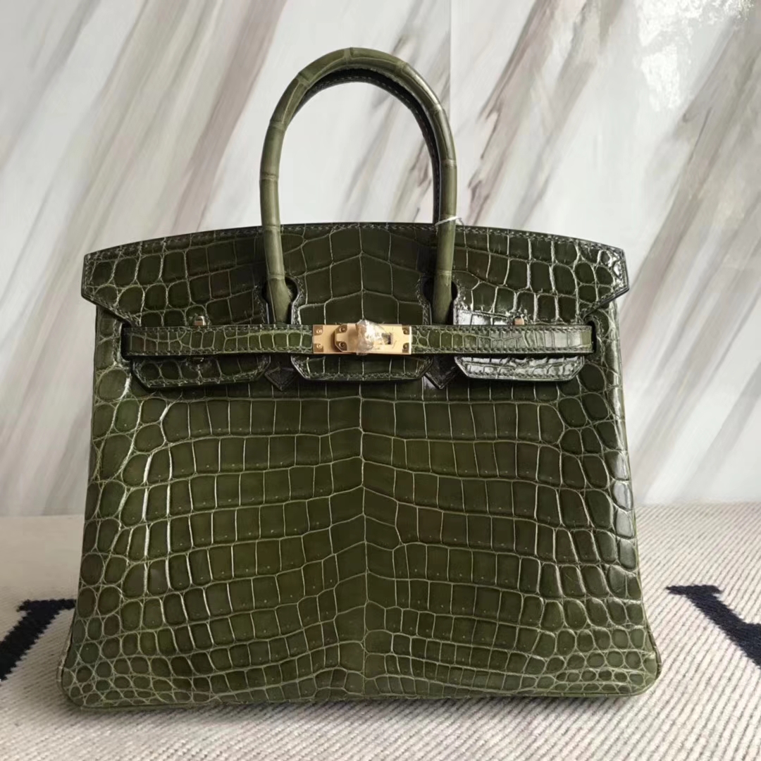 Hermès（爱马仕）Birkin25cm Crocodile shiny 亮面鳄鱼 6H 橄榄绿 金扣