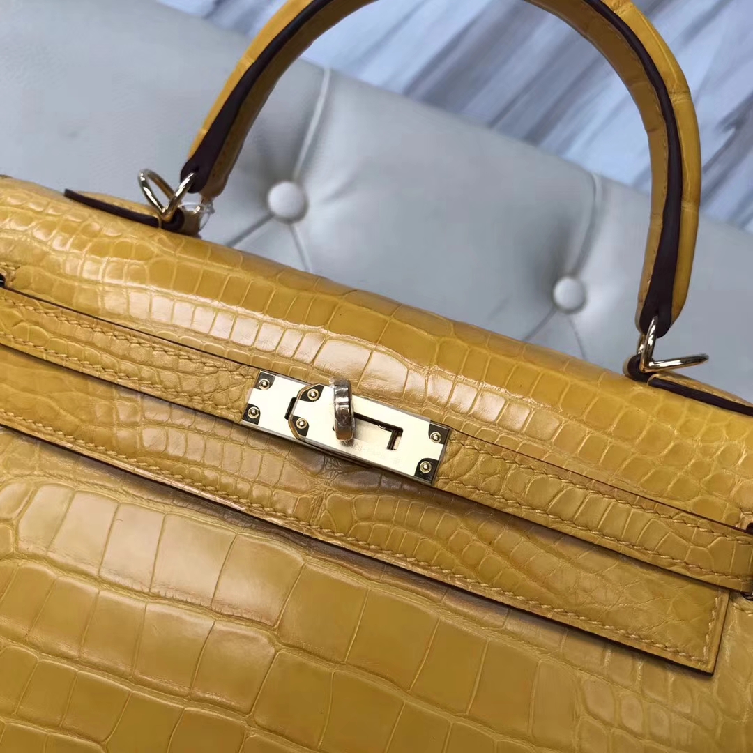 Hermès（爱马仕）Kelly25cm Matt alligator crocodile 9D琥珀黄 顶级工艺 全手工蜜蜡线缝 金扣