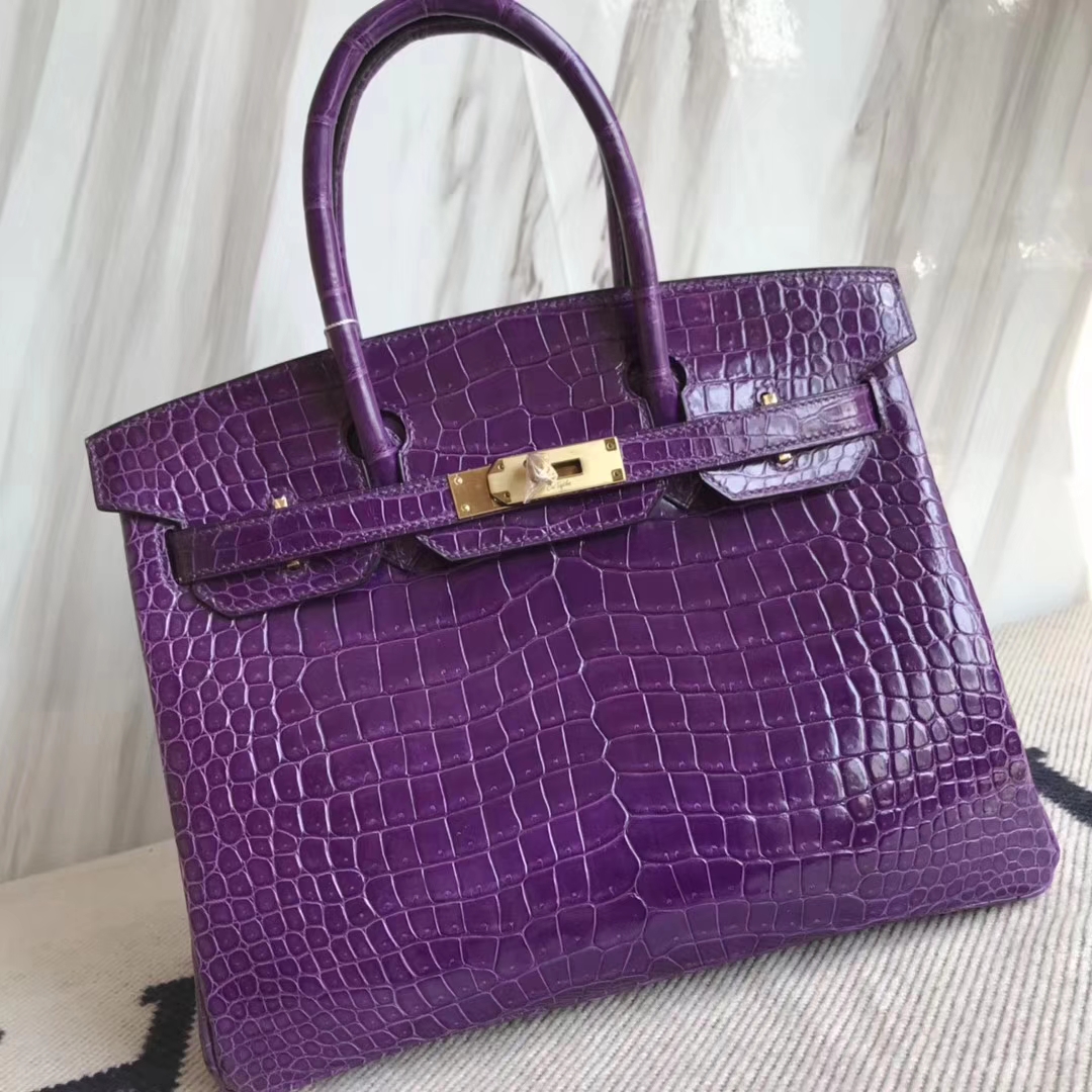 Hermès(爱马仕)Birkin30cm Porosus shiny 亮面澳洲湾鳄 葡萄紫 金扣-拉尔森鳄鱼皮具定制 - 爱马仕包包官网 Hermès(爱马仕)Birkin30cm Porosus shiny 亮面澳洲湾鳄 葡萄紫 金扣