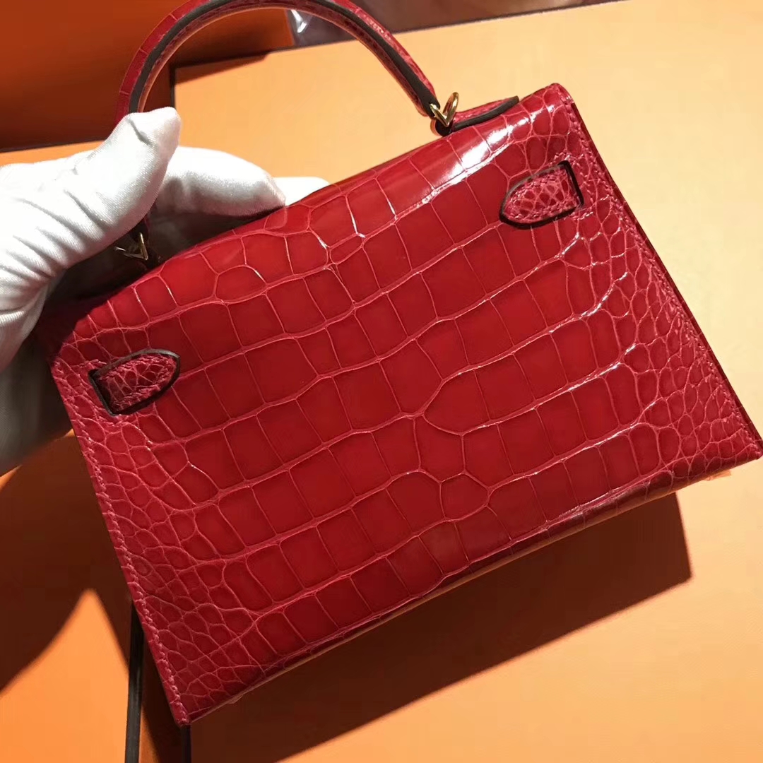 Hermès（爱马仕）Minikelly ll Alligator shiny 亮面鳄鱼  ck95 法拉利红 Braise 金扣 现货