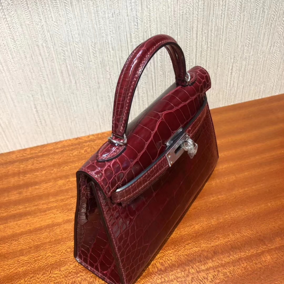 Hermès（爱马仕）Kelly2代 19cm shiny alligator crocodile   F5勃艮第酒红 蜡线全手工 银扣