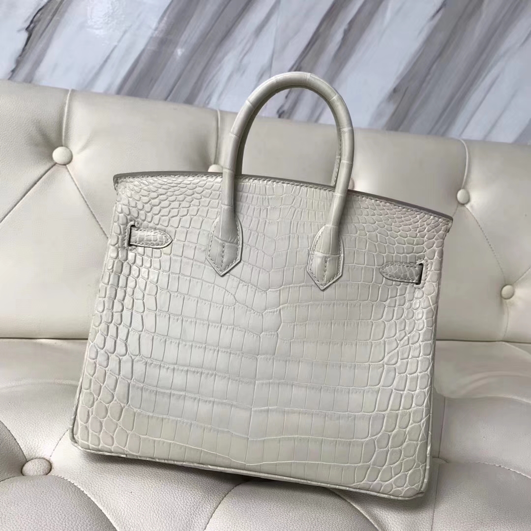 Hermès（爱马仕）Birkin25cm Crocodile matt 雾面鳄鱼8L 奶油白 Beton 银扣