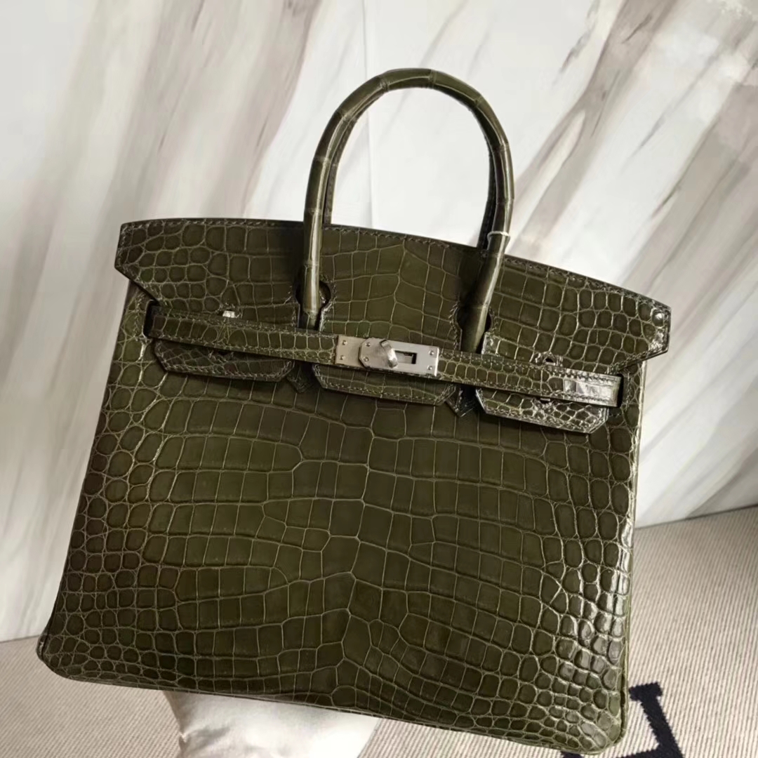 Hermès（爱马仕）Birkin25cm Crocodile shiny 亮面鳄鱼 6H 橄榄绿 银扣