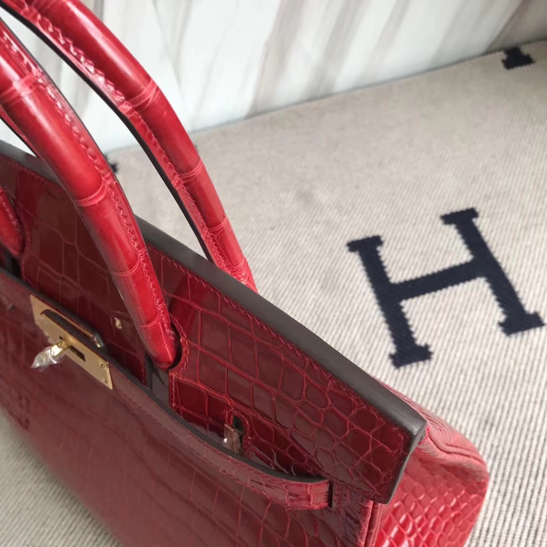 Hermès（爱马仕）Birkin30cm Porosus shiny 亮面澳洲湾鳄  ck95 法拉利红 Braise 金扣