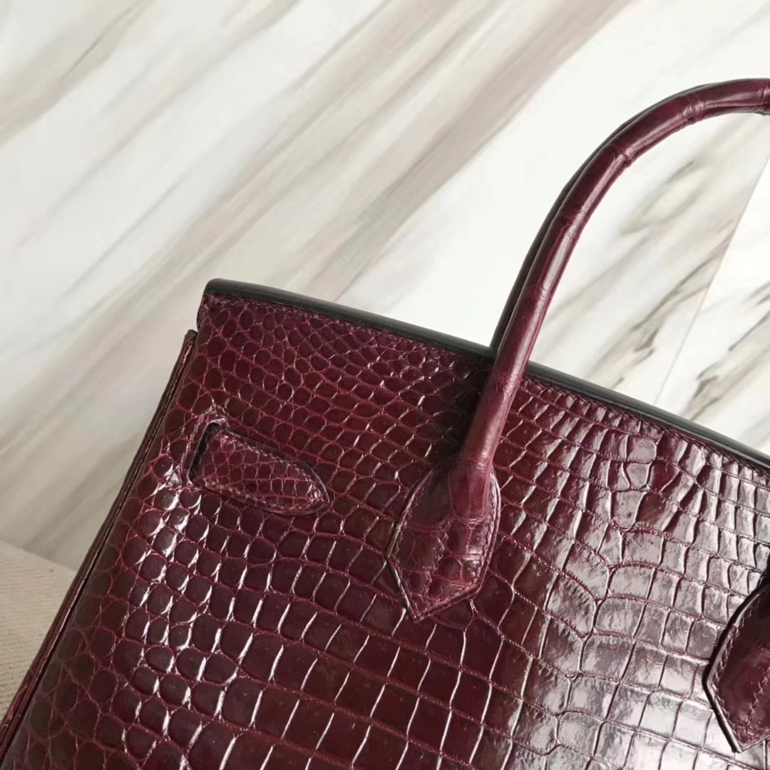 Hermès（爱马仕）Birkin30cm Porosus shiny 亮面澳洲湾鳄  ck57 波尔多酒红 Bordeaux 金扣 现货