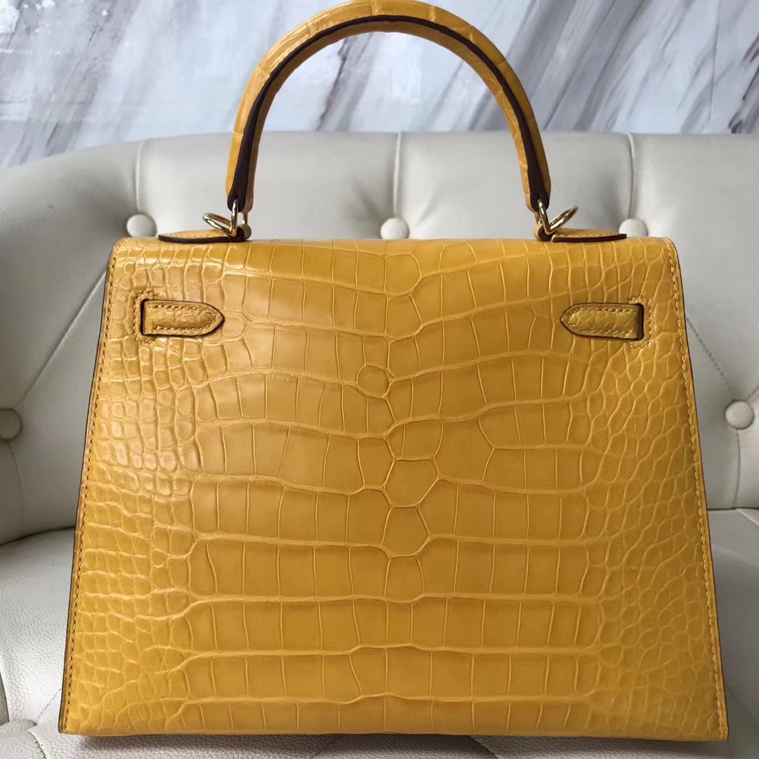 Hermès（爱马仕）Kelly25cm Matt alligator crocodile 9D琥珀黄 顶级工艺 全手工蜜蜡线缝 金扣